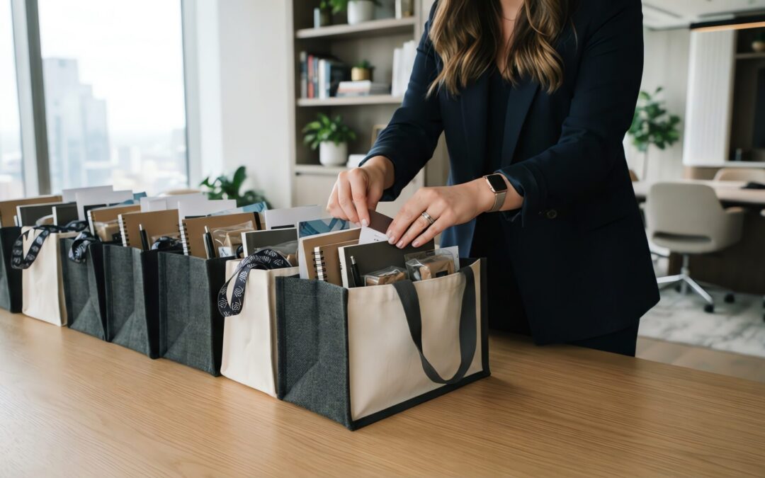 Professional Executive Woman Packing Corporate Gift Bags With Notebooks And Tech Accessories On A Desk In A Modern Office