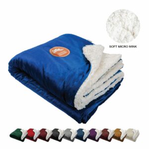 Company-branded sherpa blanket with close-up of lining and color options.